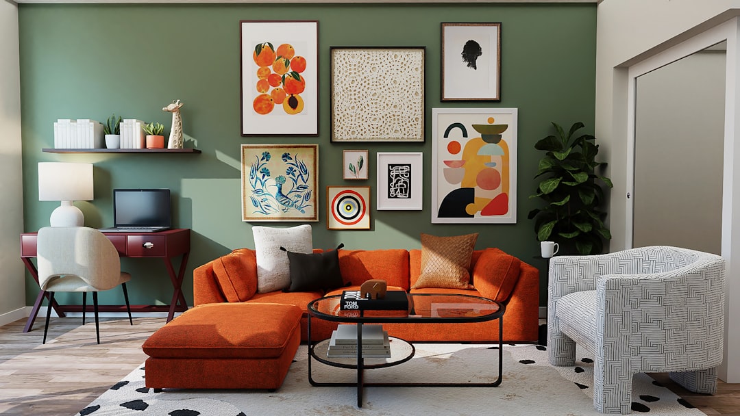 Woonkamer met kleurrijk geometrisch retro behang. Woonkamer met kleurrijk geometrisch retro behang.